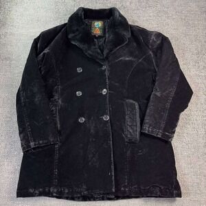 Lady Carioca Velour Pea Coat Women Large Black Faux Fur Collar Y2K Goth